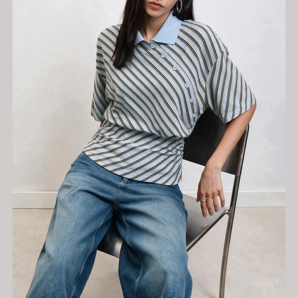 Sky Blue Diagonal Striped Collared Short Sleeve Polo Top